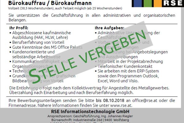 Stellenausschreibung Bürokauffrau / Bürokaufmann